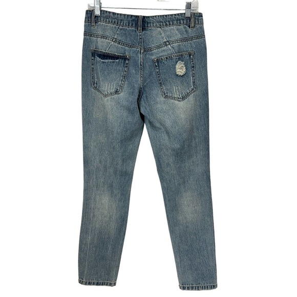 AFRM Revolve Boyfriend Destroyed High Rise Button Fly Blue Ripped Jeans Size 26 - Picture 2 of 11